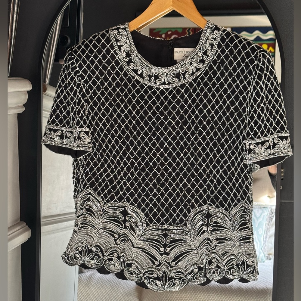 Vintage Papell Boutique Black and White Beaded and Sequin Top